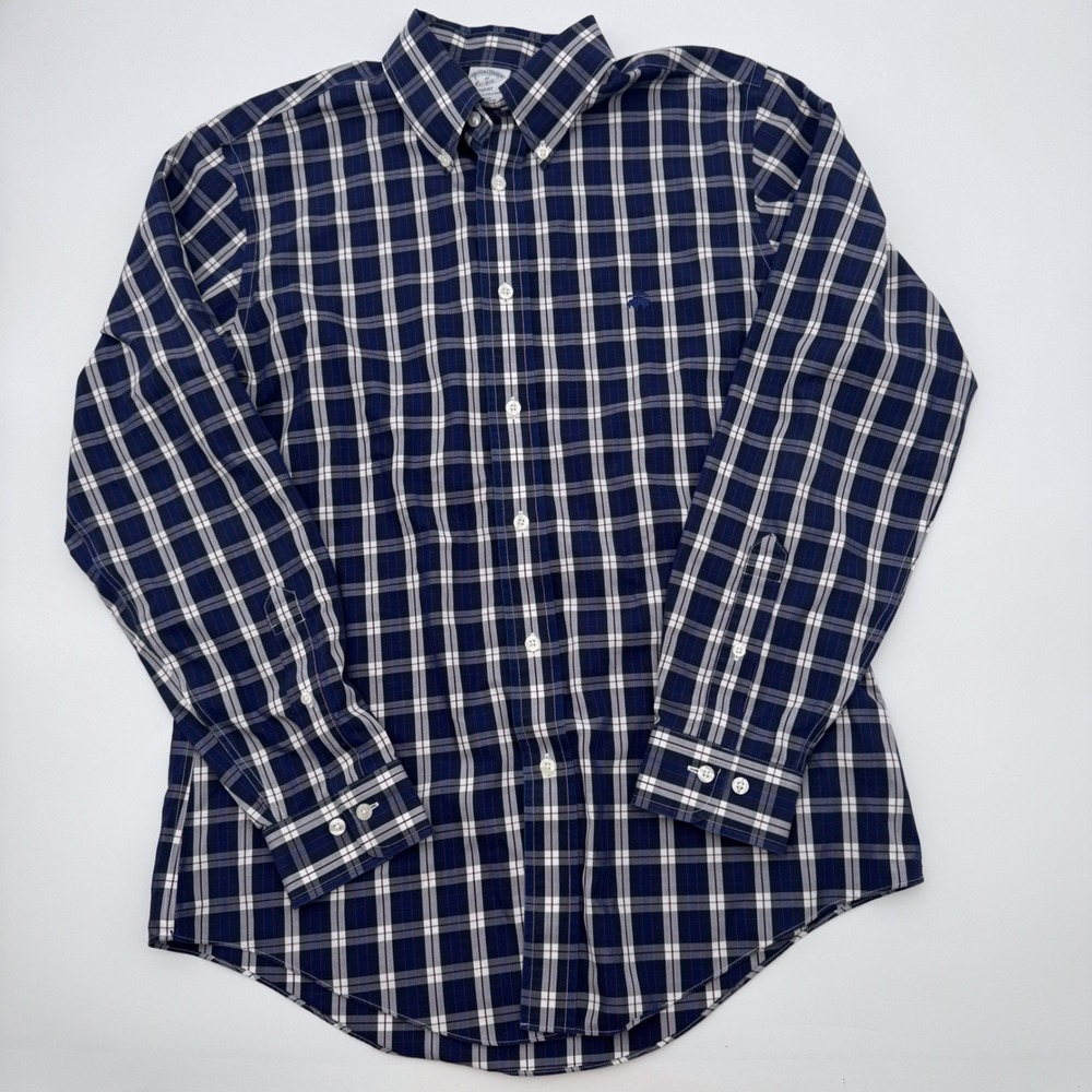 Brooks Brothers Regent Fit Non-Iron Plaid Shirt Navy Blue Supima Cotton Mens M